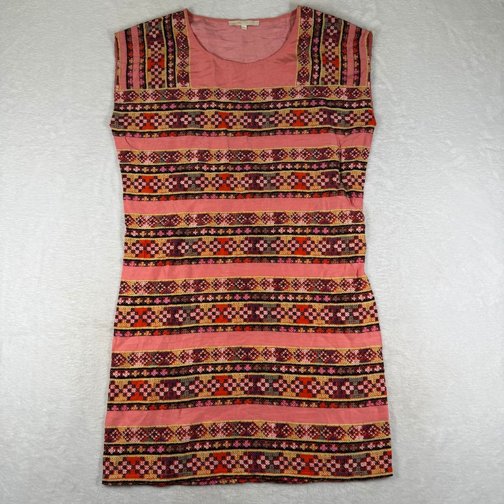 Maje Revanche Coral Pink Linen Silk Geometric Tribal Print Mini Dress Size 1